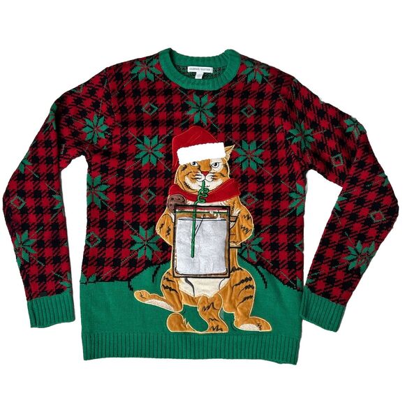 Celebrate together Sweaters - Celebrate Together Cat Ugly Christmas Sweater Sz Medium Drink Pocket Kitty Straw